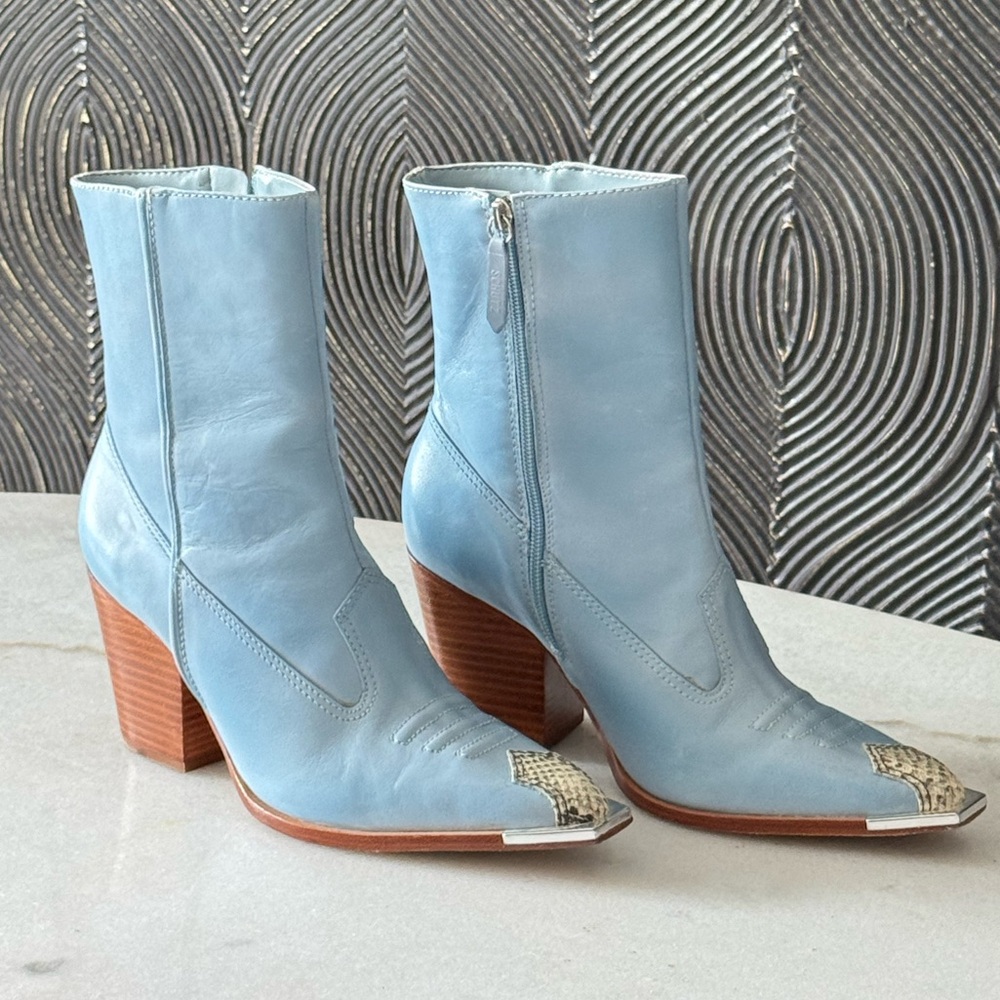 SCHUTZ Light Blue Leather Western Ankle Boots with Snip Toe
